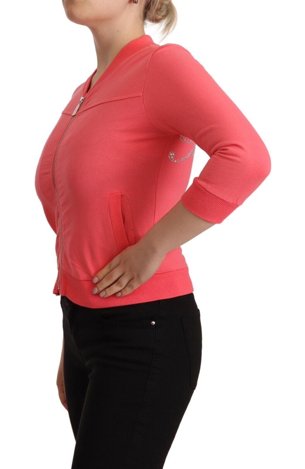Blumarine Pink 3/4 Sleeve Zip Embellished Sweater Blumarine