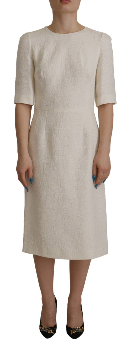 Dolce & Gabbana White Jaquard Midi Floral Sheath Brocade Dress Dolce & Gabbana