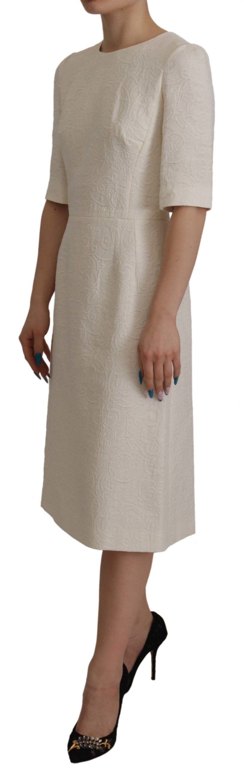 Dolce & Gabbana White Jaquard Midi Floral Sheath Brocade Dress Dolce & Gabbana