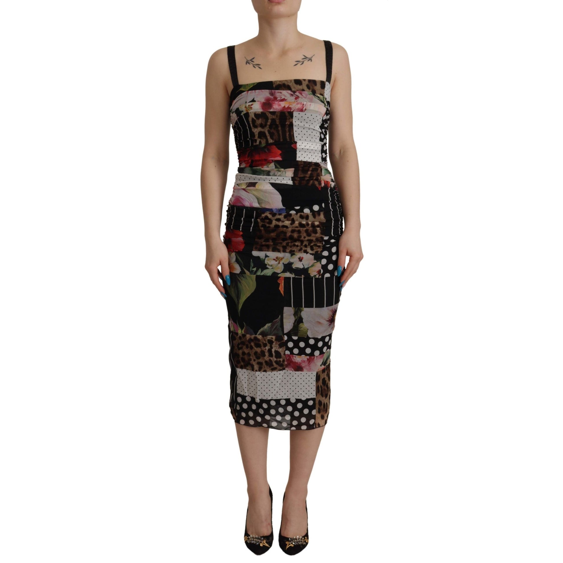 Dolce & Gabbana Multicolor Pachwork Midi Floral Silk Leopard Bodycon Dress Dolce & Gabbana