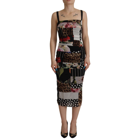 Dolce & Gabbana Multicolor Pachwork Midi Floral Silk Leopard Bodycon Dress Dolce & Gabbana