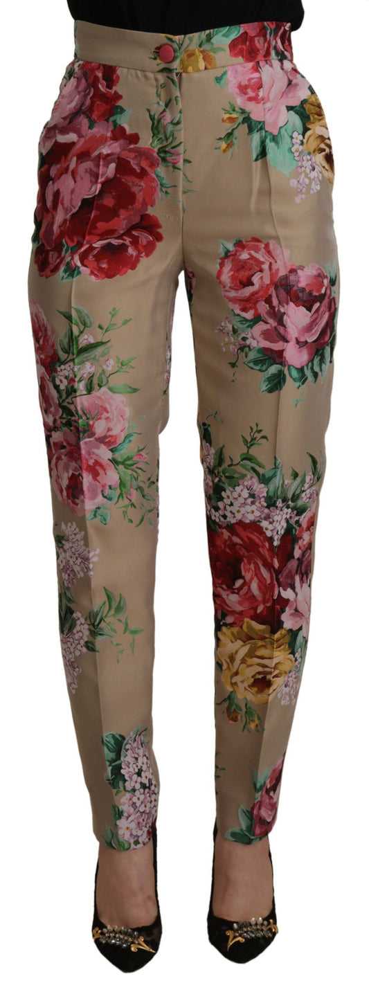 Dolce & Gabbana Beige Floral Dress Formal High Waist Pants Dolce & Gabbana