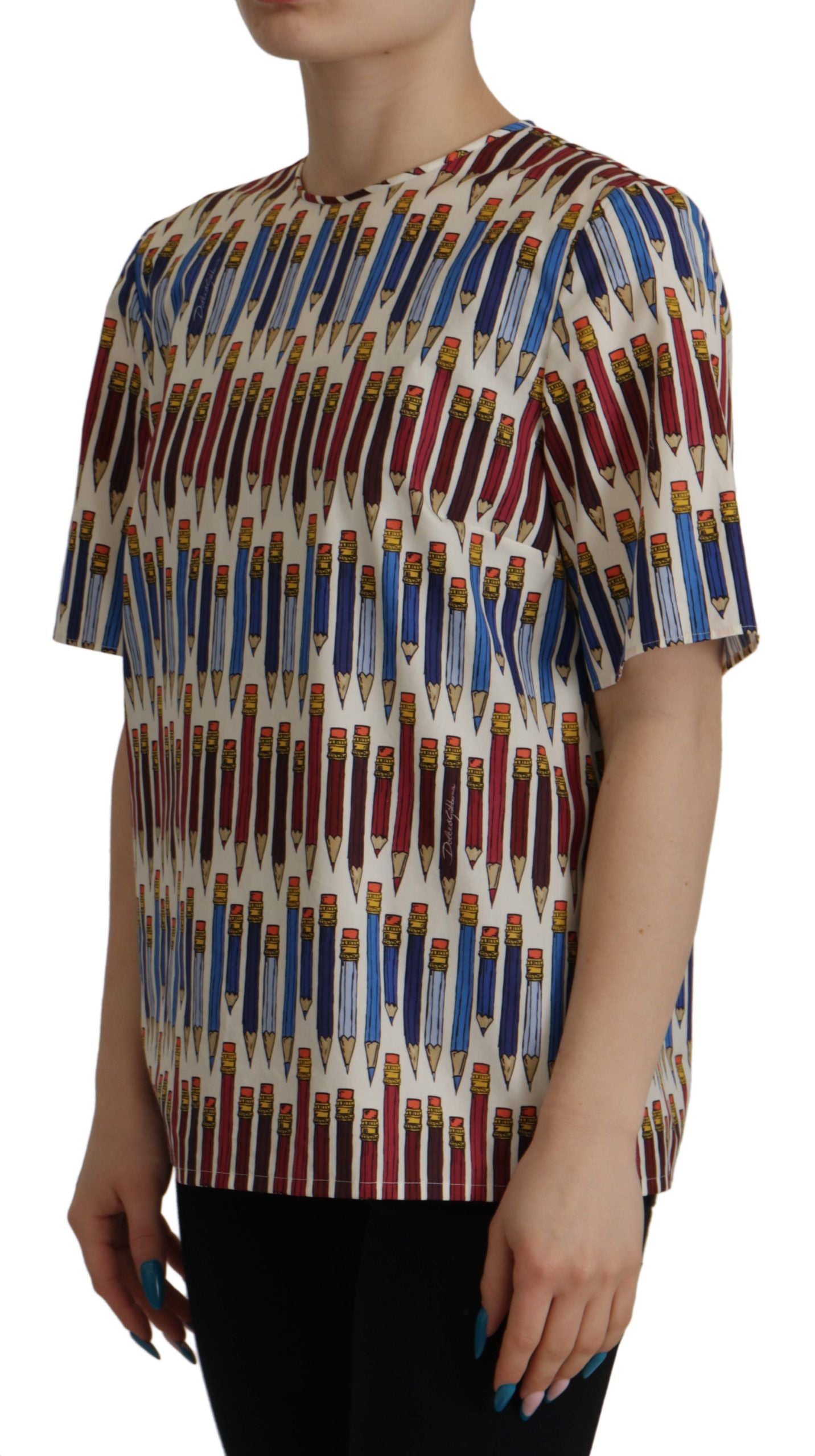 Dolce & Gabbana White Pencil Print Cotton T-shirt Blouse Dolce & Gabbana