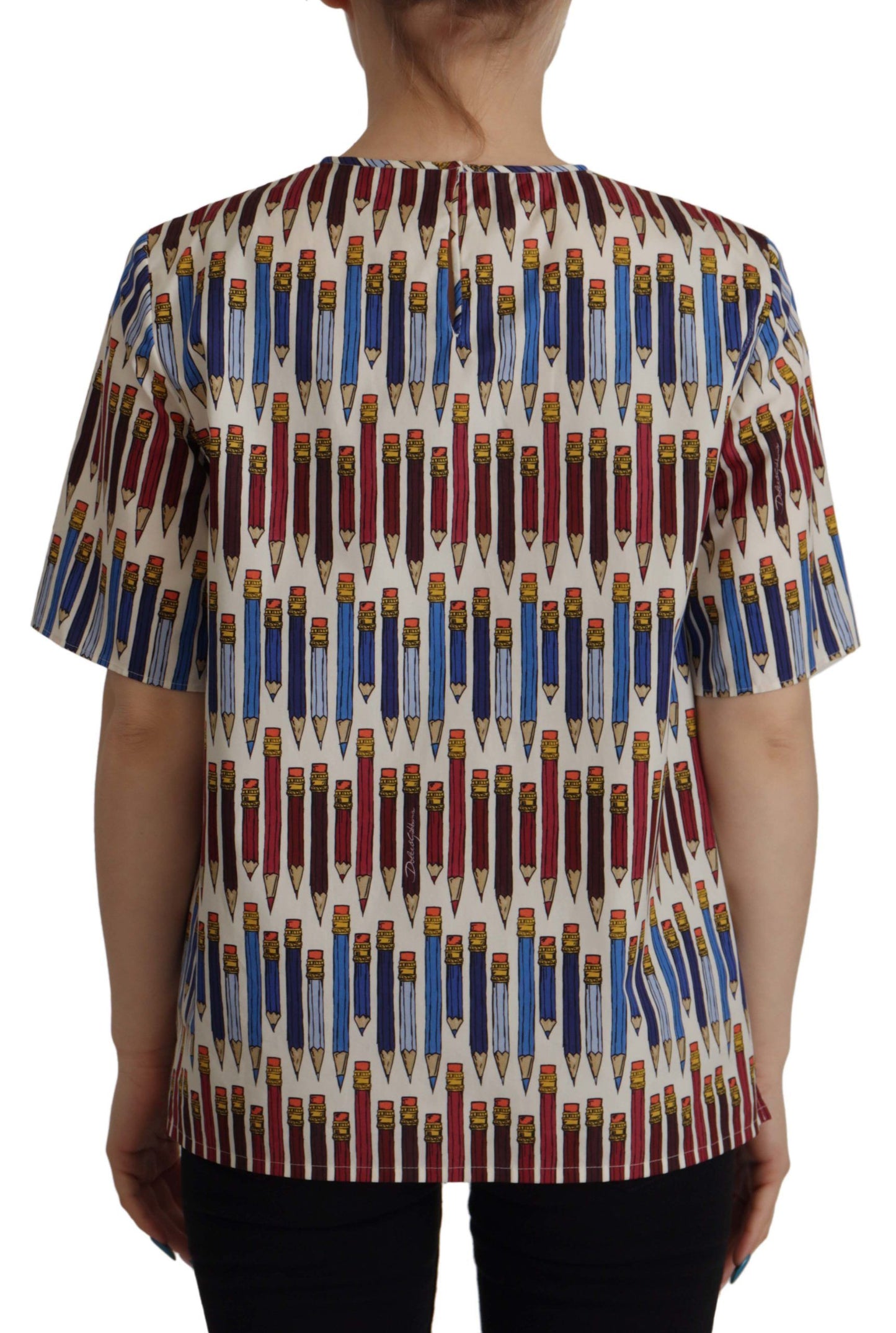 Dolce & Gabbana White Pencil Print Cotton T-shirt Blouse Dolce & Gabbana