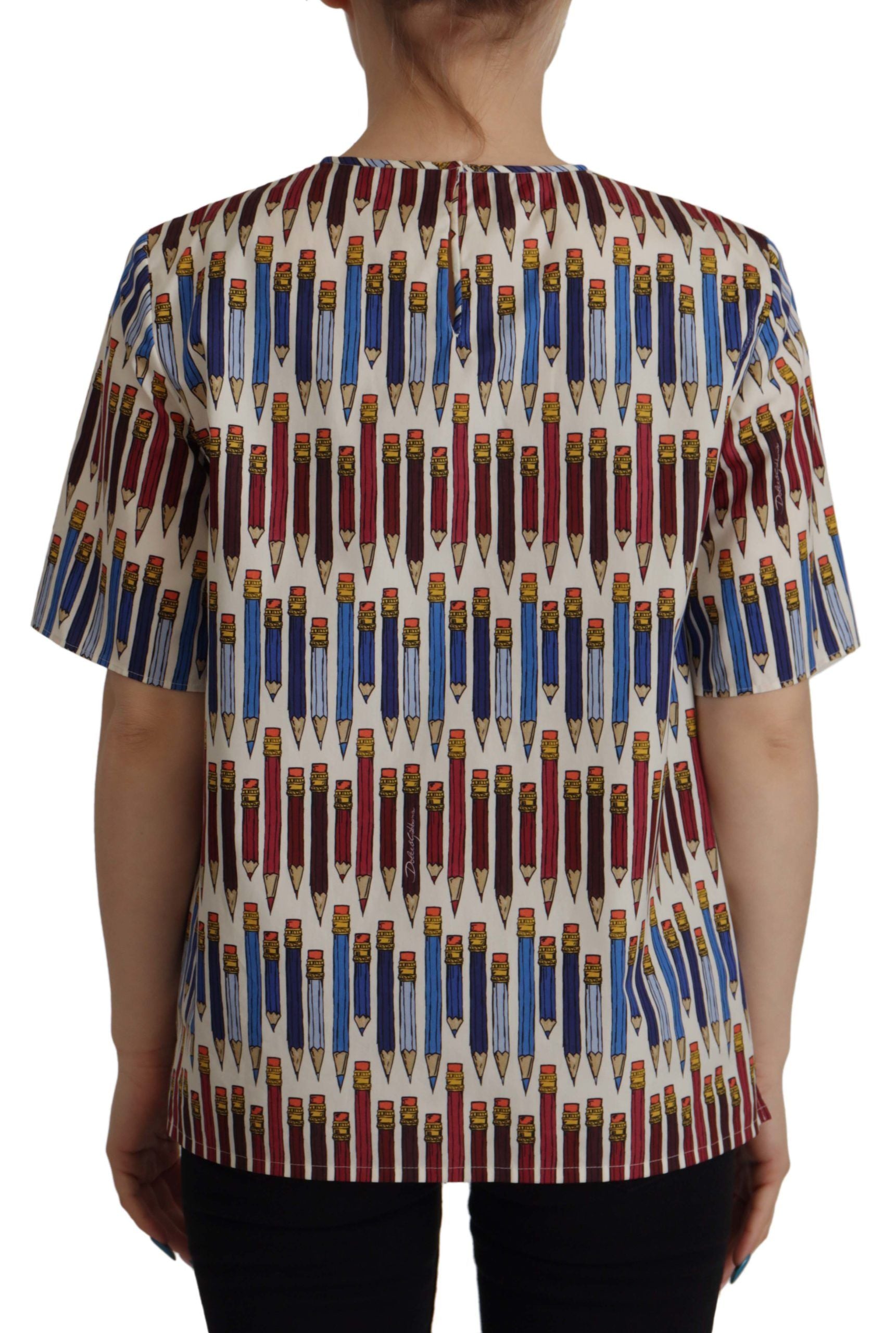 Dolce & Gabbana White Pencil Print Cotton T-shirt Blouse Dolce & Gabbana