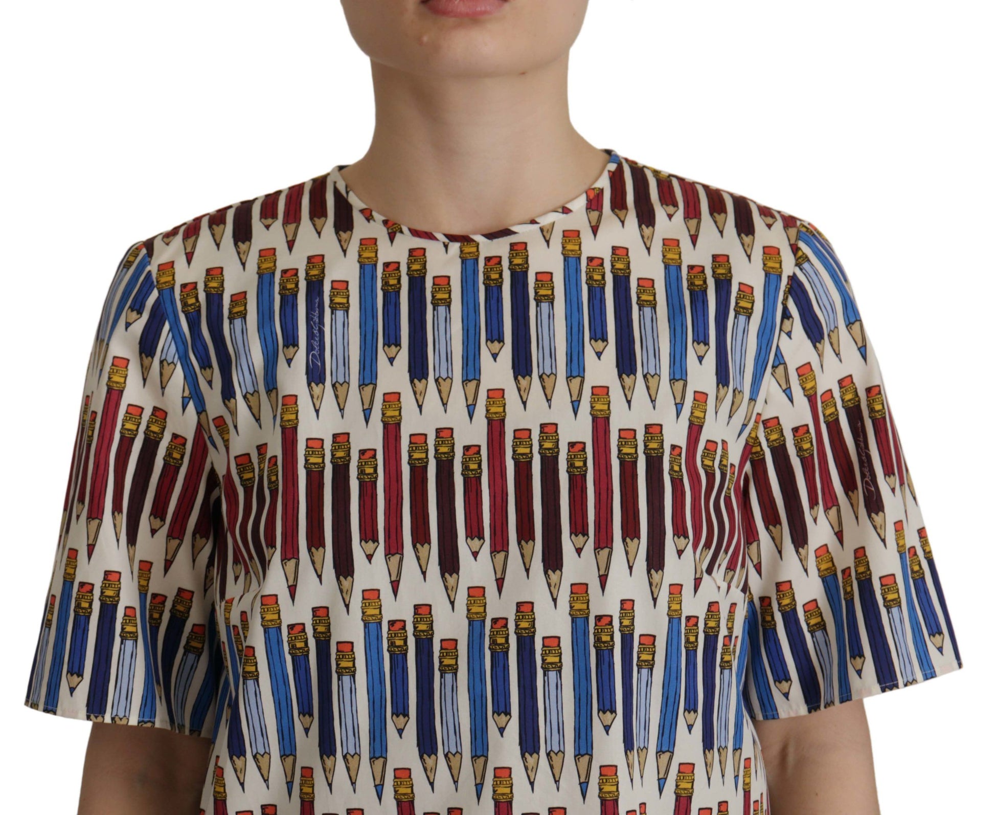 Dolce & Gabbana White Pencil Print Cotton T-shirt Blouse Dolce & Gabbana