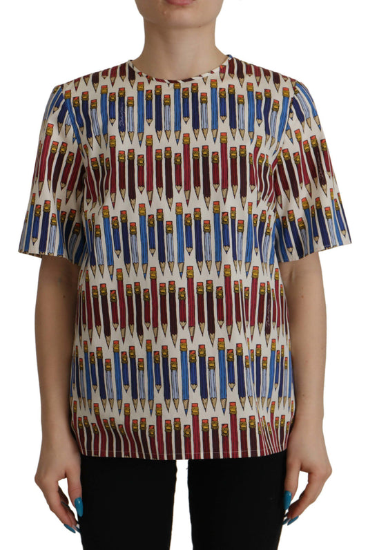 Dolce & Gabbana White Pencil Print Cotton T-shirt Blouse Dolce & Gabbana