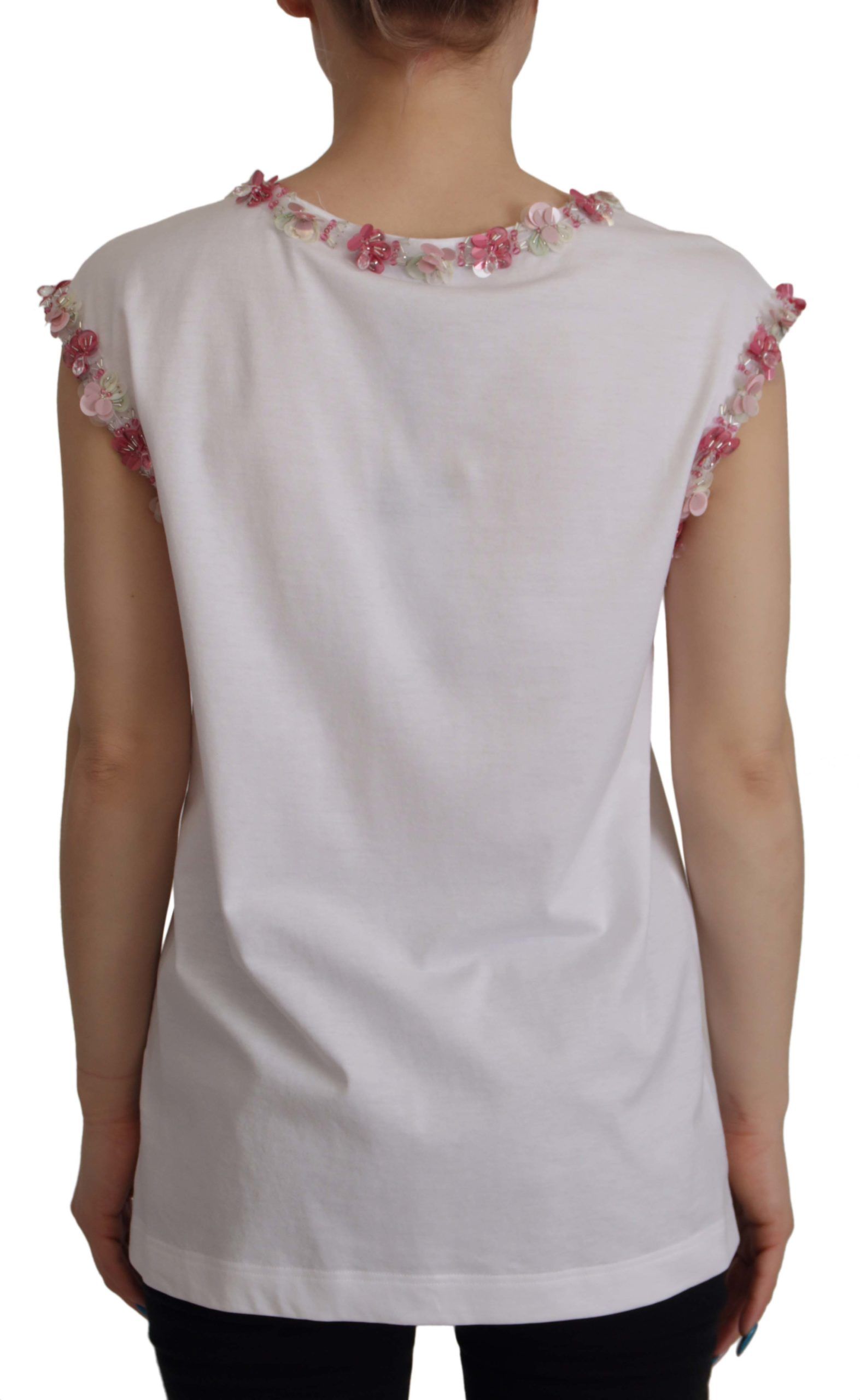 Dolce & Gabbana White DG Crown Floral Sequin T-shirt Dolce & Gabbana