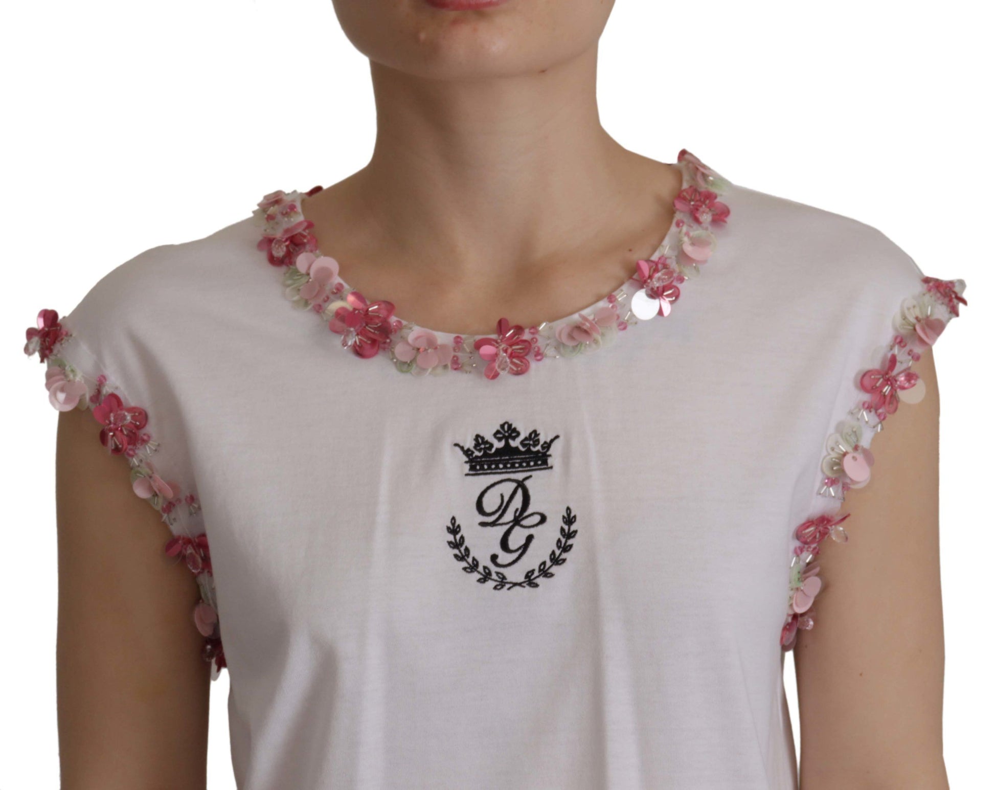 Dolce & Gabbana White DG Crown Floral Sequin T-shirt Dolce & Gabbana