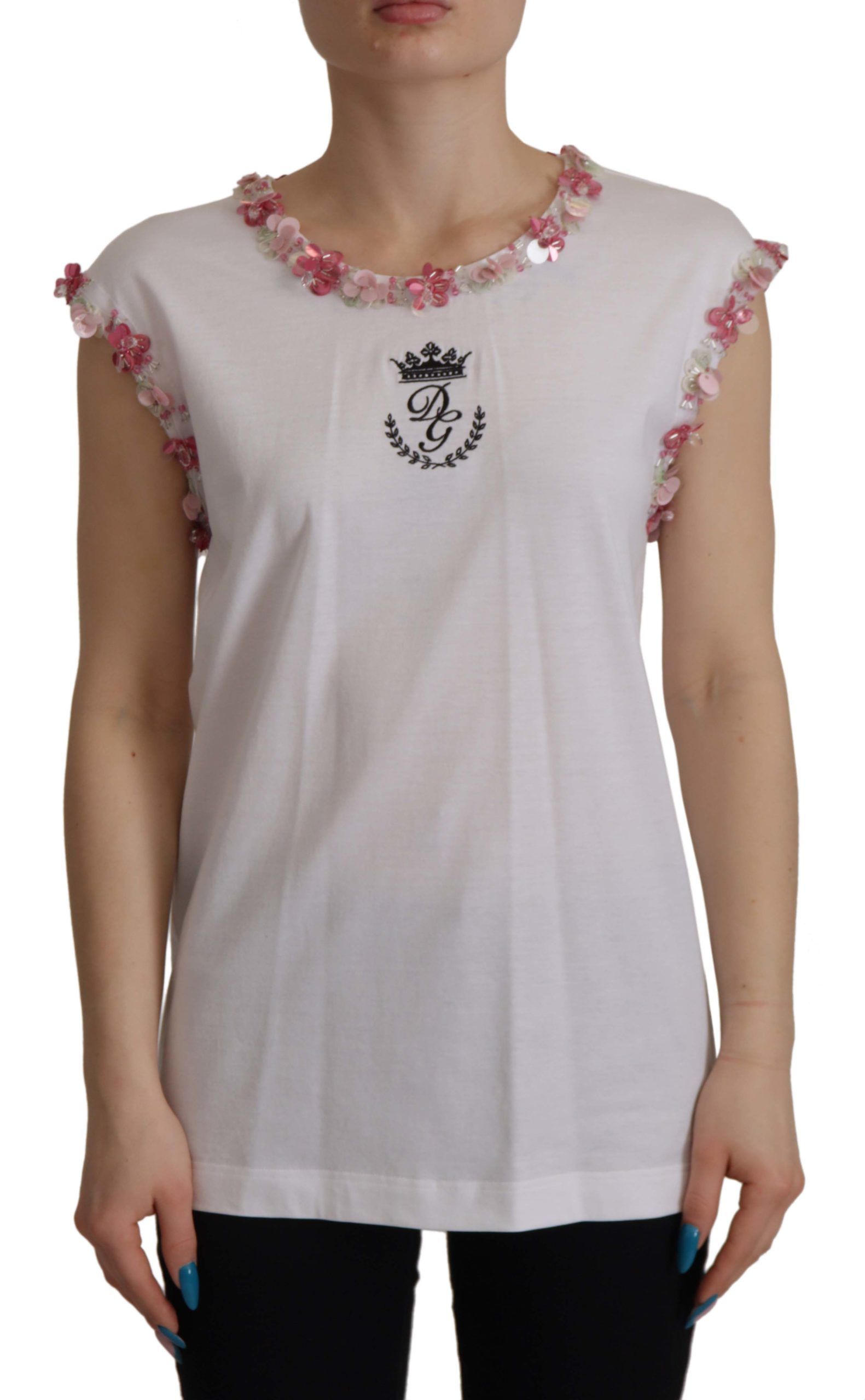 Dolce & Gabbana White DG Crown Floral Sequin T-shirt Dolce & Gabbana