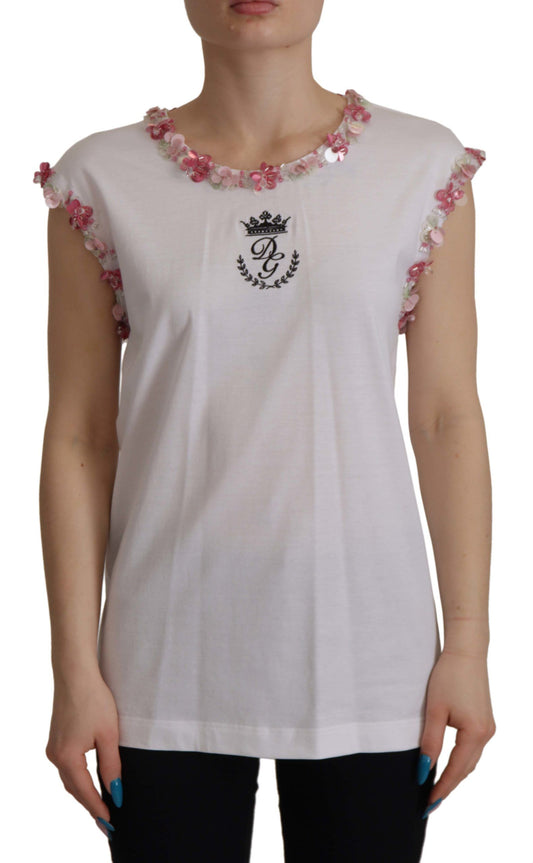 Dolce & Gabbana White DG Crown Floral Sequin T-shirt Dolce & Gabbana