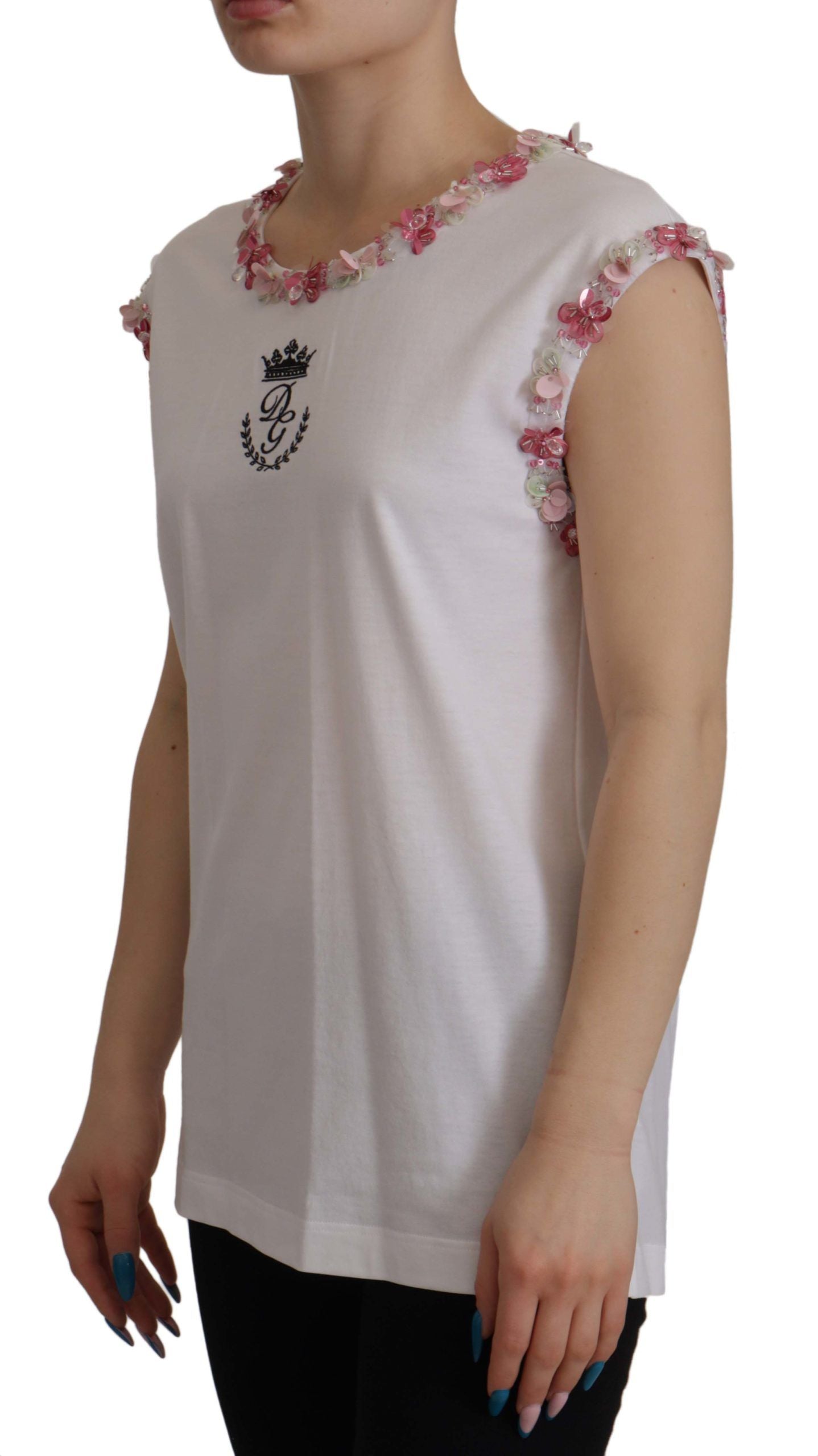 Dolce & Gabbana White DG Crown Floral Sequin T-shirt Dolce & Gabbana