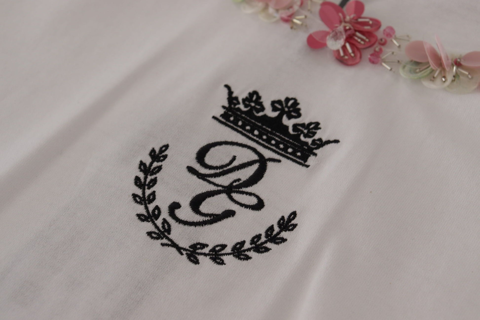 Dolce & Gabbana White DG Crown Floral Sequin T-shirt Dolce & Gabbana