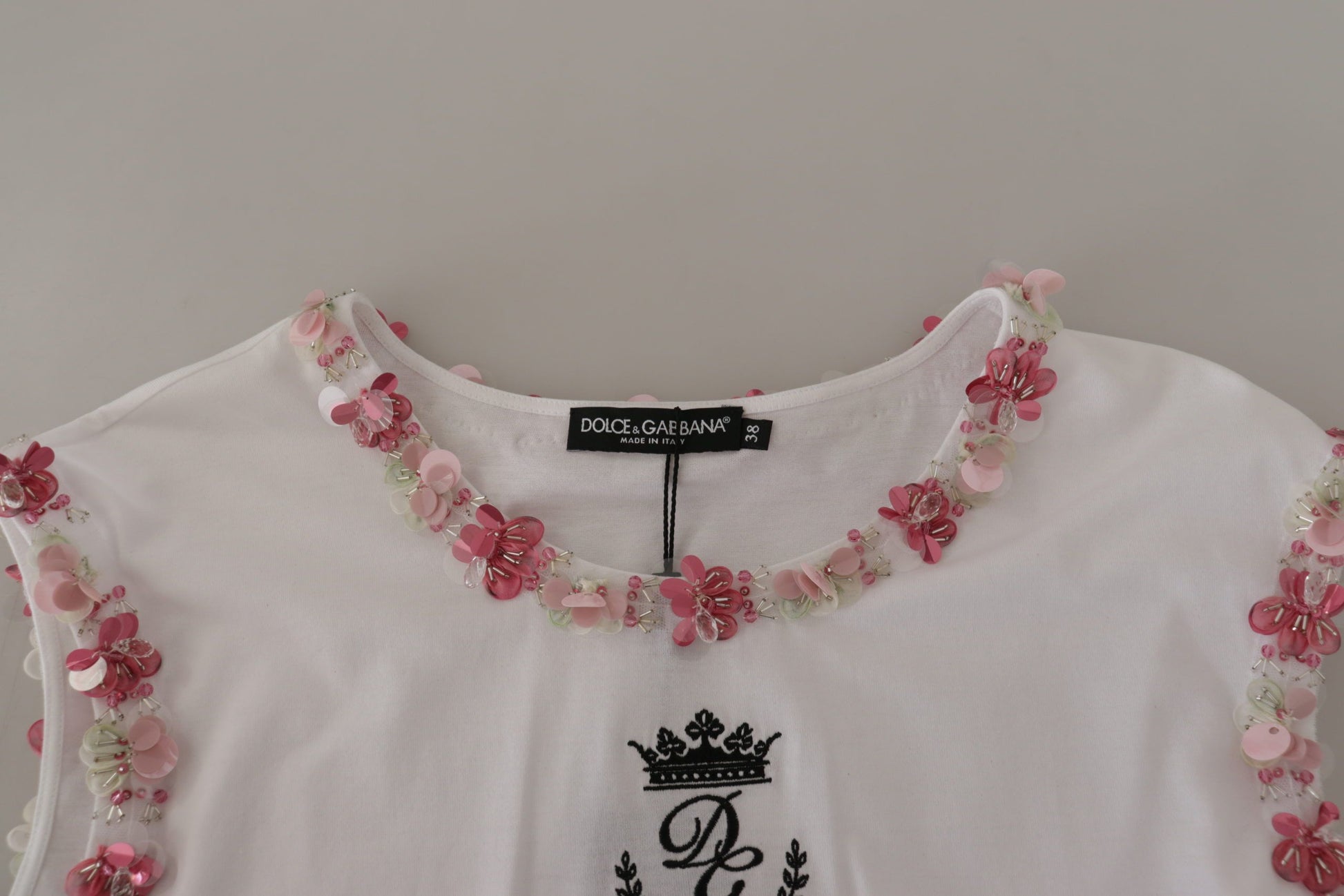 Dolce & Gabbana White DG Crown Floral Sequin T-shirt Dolce & Gabbana