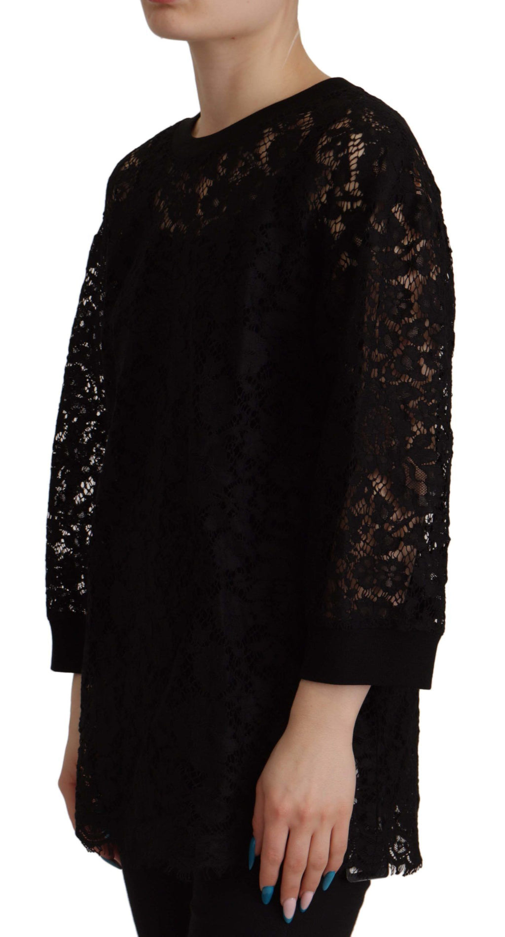 Dolce & Gabbana black floral lace Sicily blouse with long sleeves and intricate lace detailing, stylish and elegant pullover.