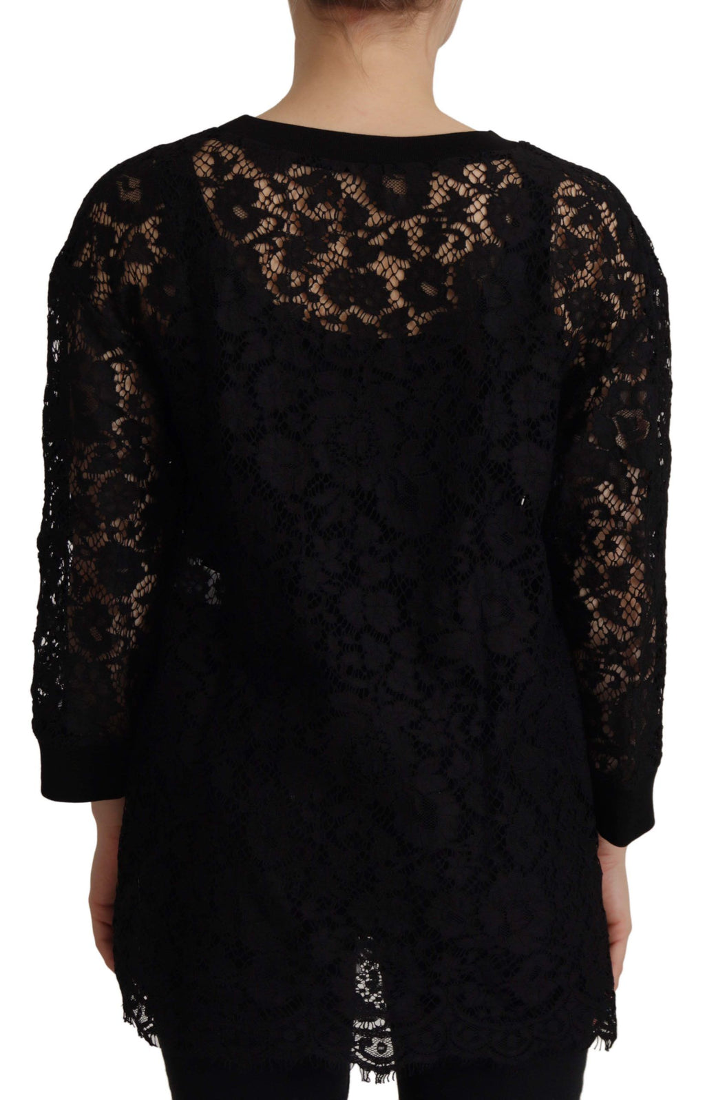 Dolce & Gabbana black floral lace Sicily blouse with long sleeves and intricate lace detailing.