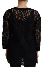 Dolce & Gabbana black floral lace Sicily blouse with long sleeves and intricate lace detailing.