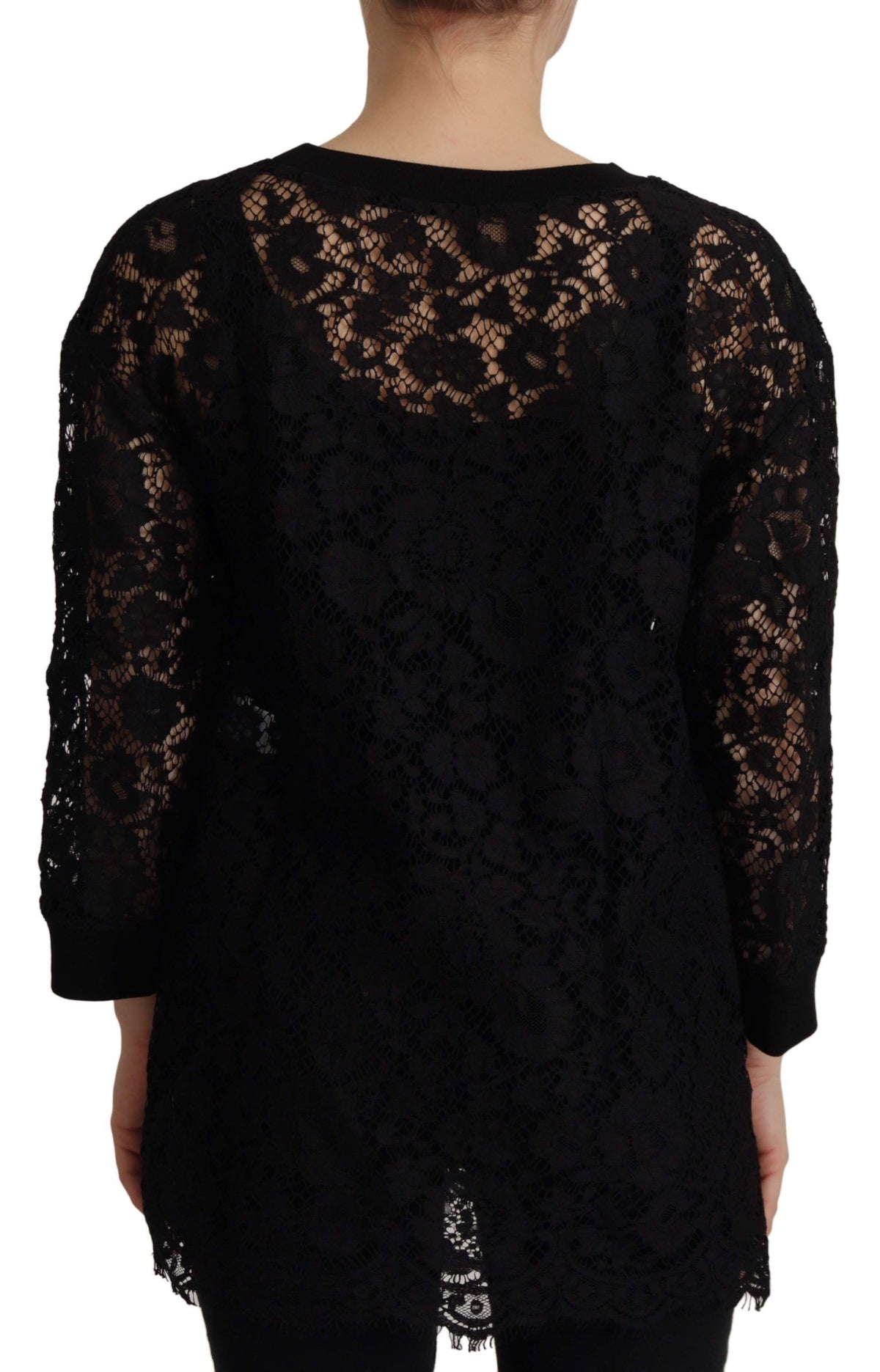 Dolce & Gabbana black floral lace Sicily blouse with long sleeves and intricate lace detailing.