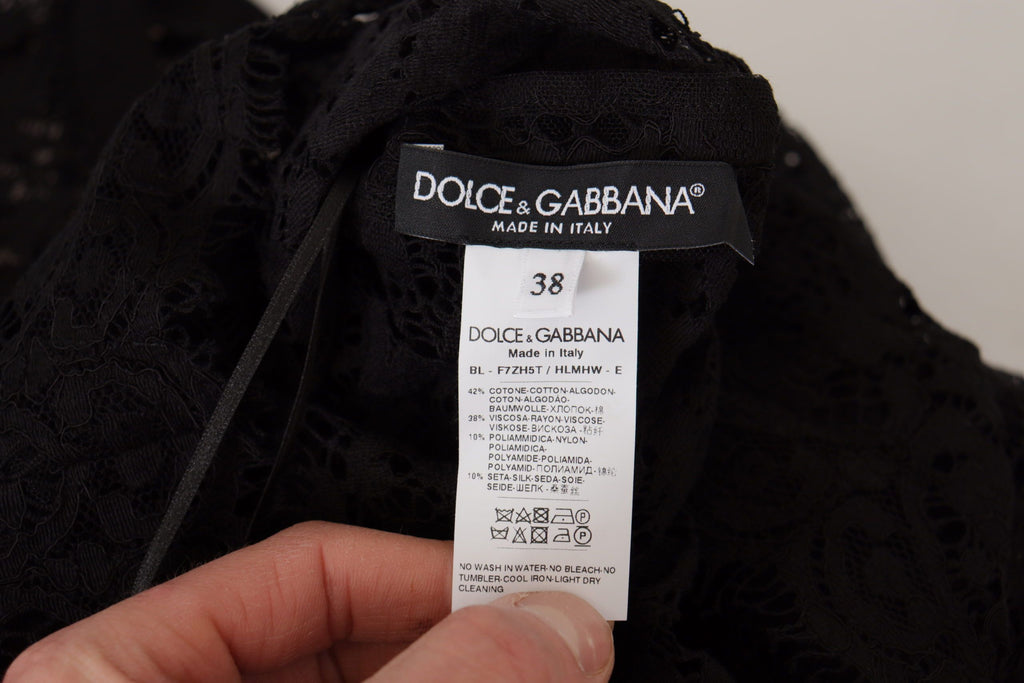 Dolce & Gabbana black floral lace Sicily blouse with long sleeves and intricate lace details.