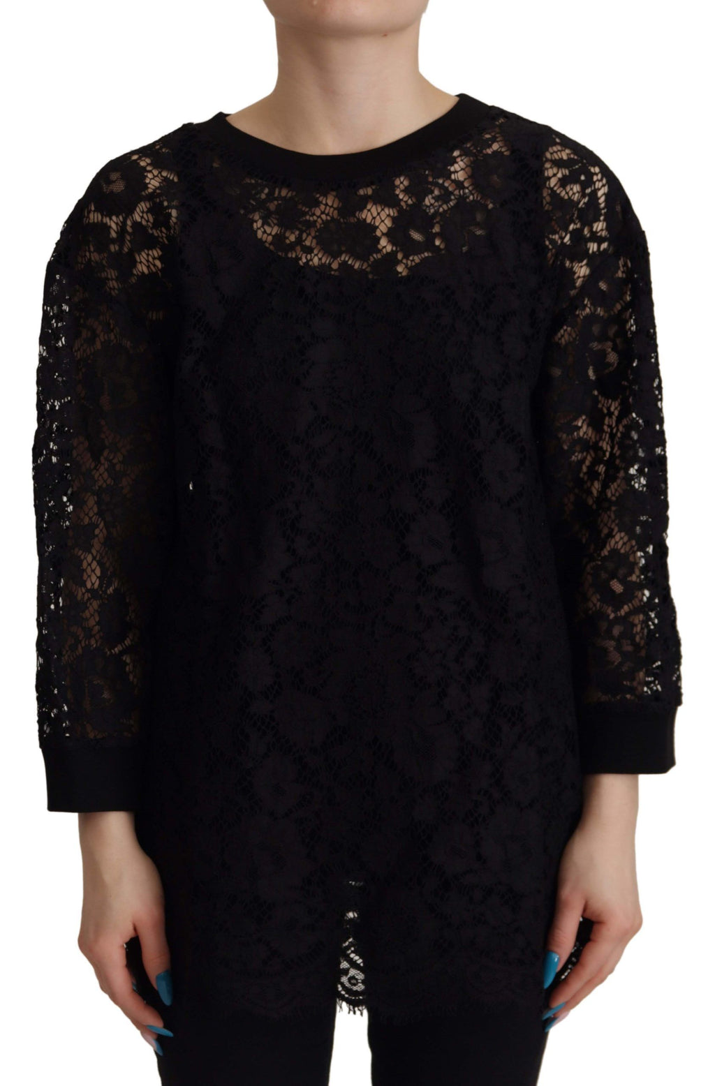Dolce & Gabbana black floral lace Sicily blouse featuring a pullover style and intricate lace details.
