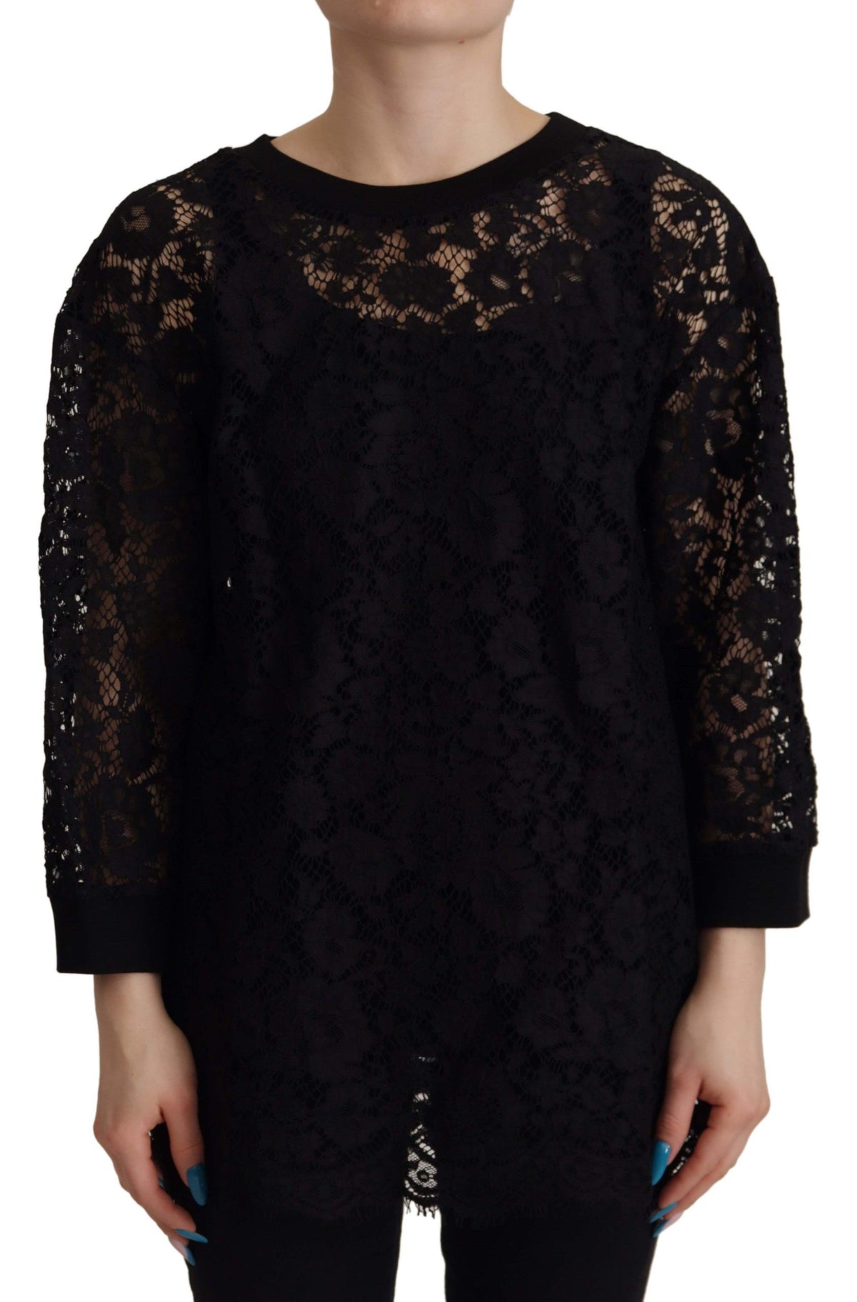 Dolce & Gabbana black floral lace Sicily blouse featuring a pullover style and intricate lace details.