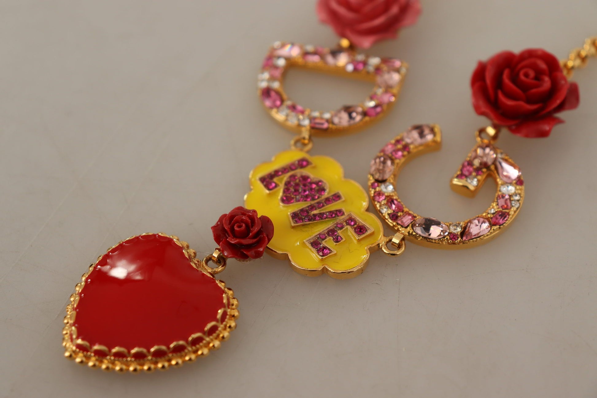 Dolce & Gabbana Gold Rose Love Crystal Charm Chain Necklace Dolce & Gabbana