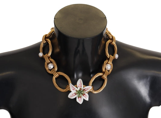Dolce & Gabbana Gold White Lily Floral Chain Statement Necklace Dolce & Gabbana