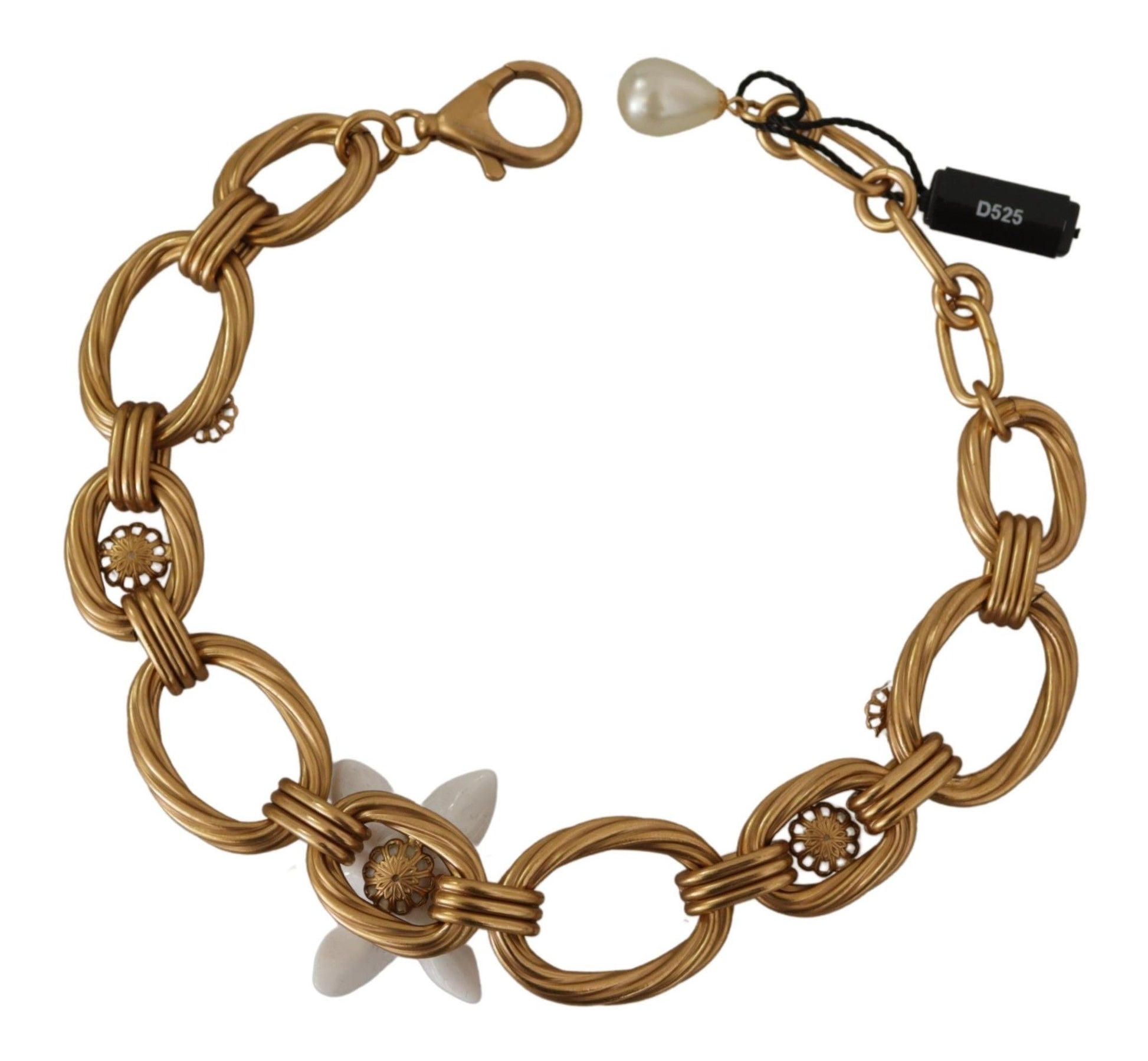 Dolce & Gabbana Gold White Lily Floral Chain Statement Necklace Dolce & Gabbana