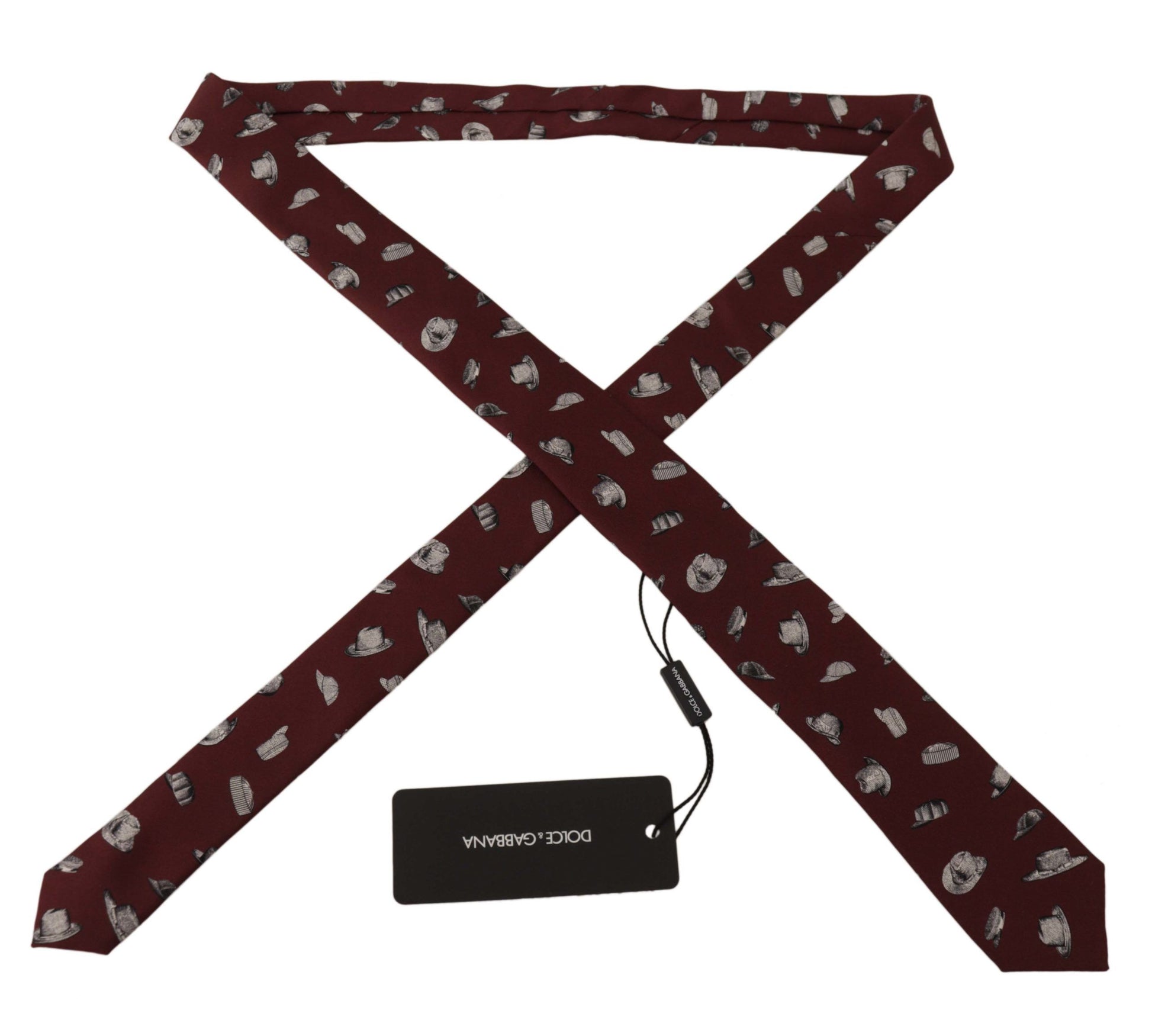 Dolce & Gabbana Maroon Hat Pattern 100% Silk Adjustable Accessory Tie Dolce & Gabbana