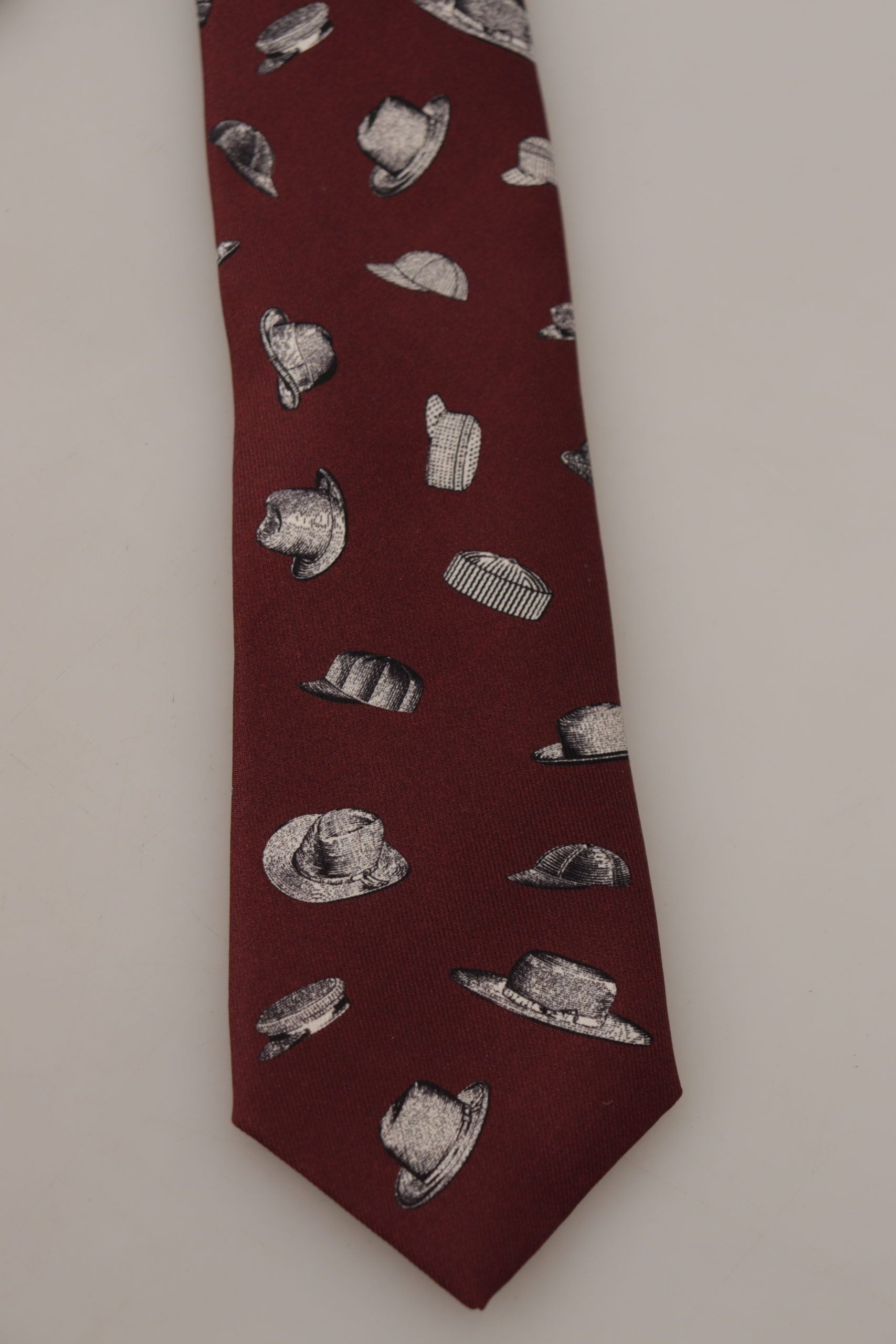 Dolce & Gabbana Maroon Hat Pattern 100% Silk Adjustable Accessory Tie Dolce & Gabbana