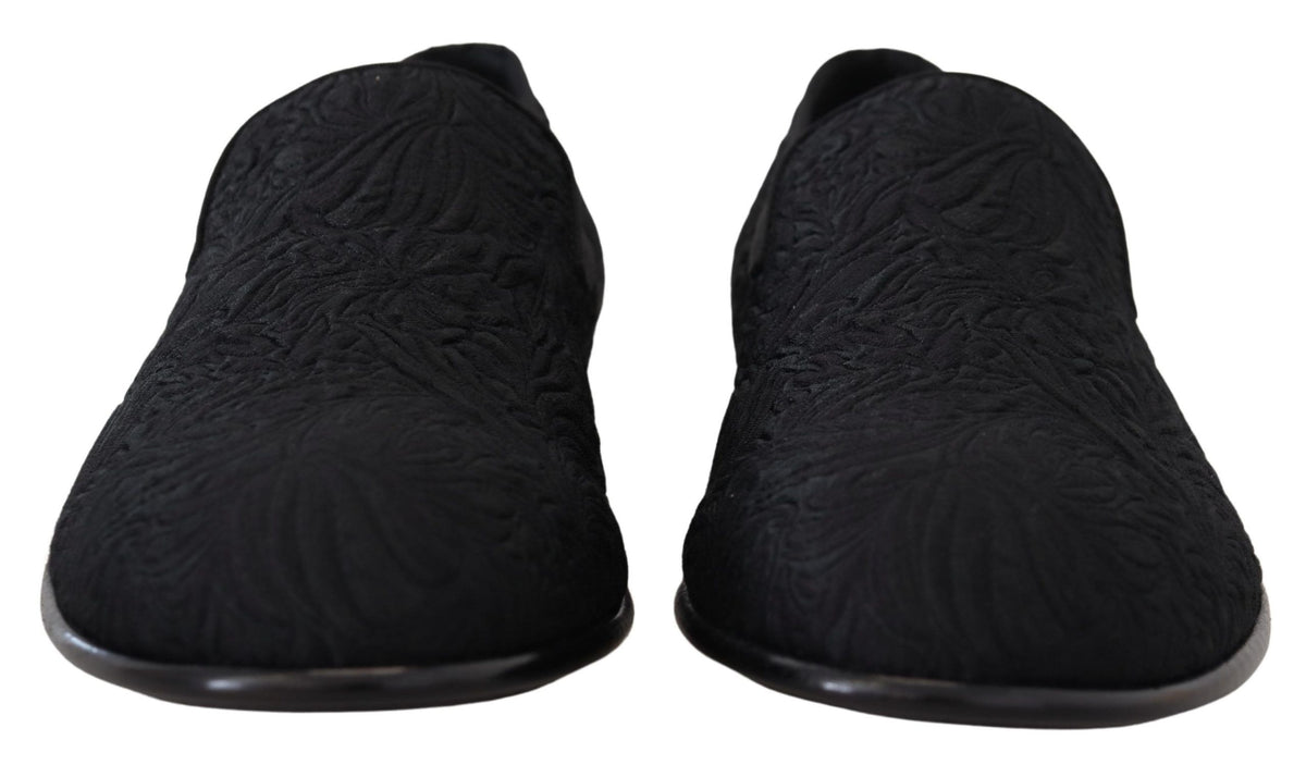 Dolce & Gabbana Black Floral Jacquard Slippers Loafers Shoes - Eljoys Fashion 