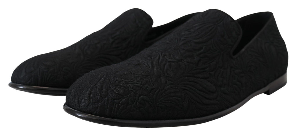 Dolce & Gabbana Black Floral Jacquard Slippers Loafers Shoes - Eljoys Fashion 