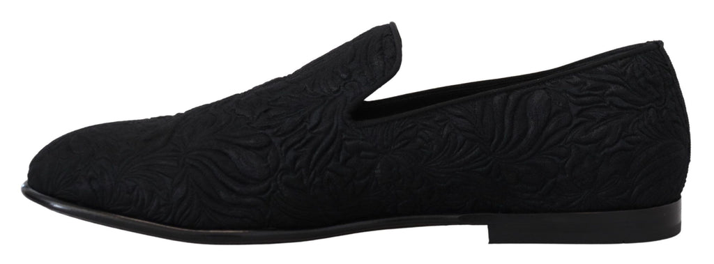 Dolce & Gabbana Black Floral Jacquard Slippers Loafers Shoes - Eljoys Fashion 