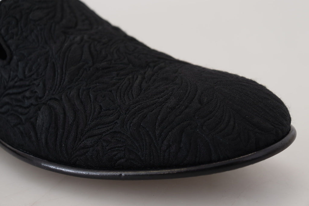 Dolce & Gabbana Black Floral Jacquard Slippers Loafers Shoes - Eljoys Fashion 