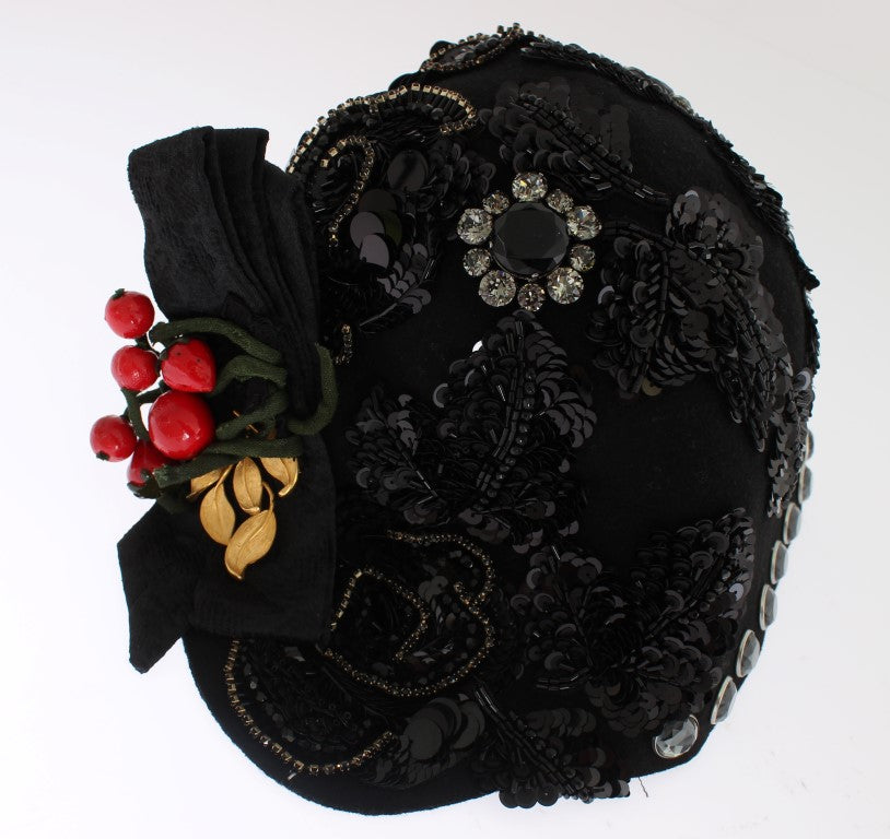 Dolce & Gabbana Black Crystal Gold Cherries Brooch Hat Dolce & Gabbana