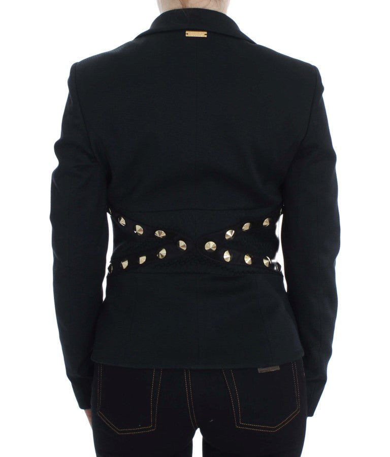 Exte Black Cotton Stretch Gold Studded Blazer Jacket Exte