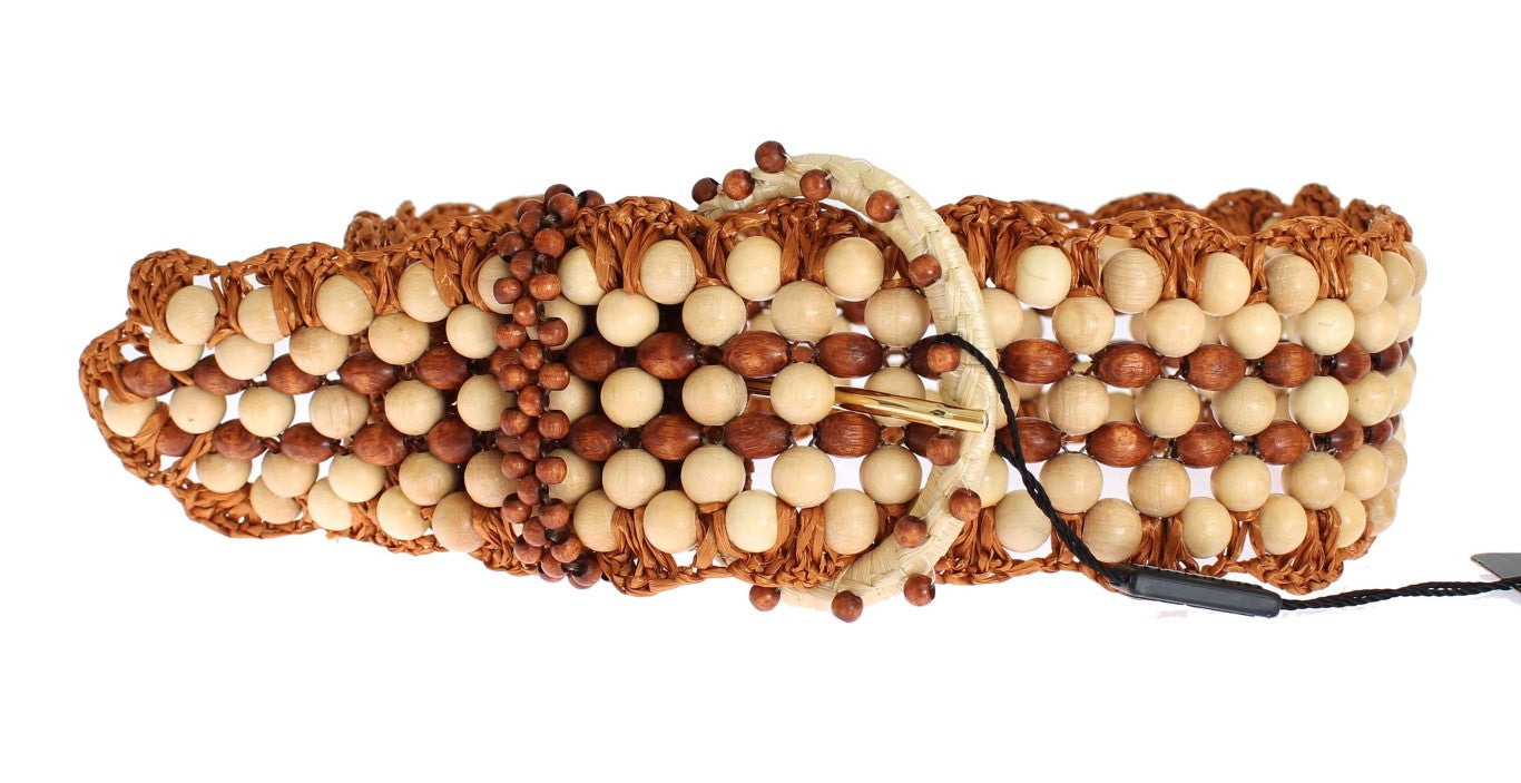 Dolce & Gabbana Brown Raffia Wood Beaded Wide Waist Belt Dolce & Gabbana