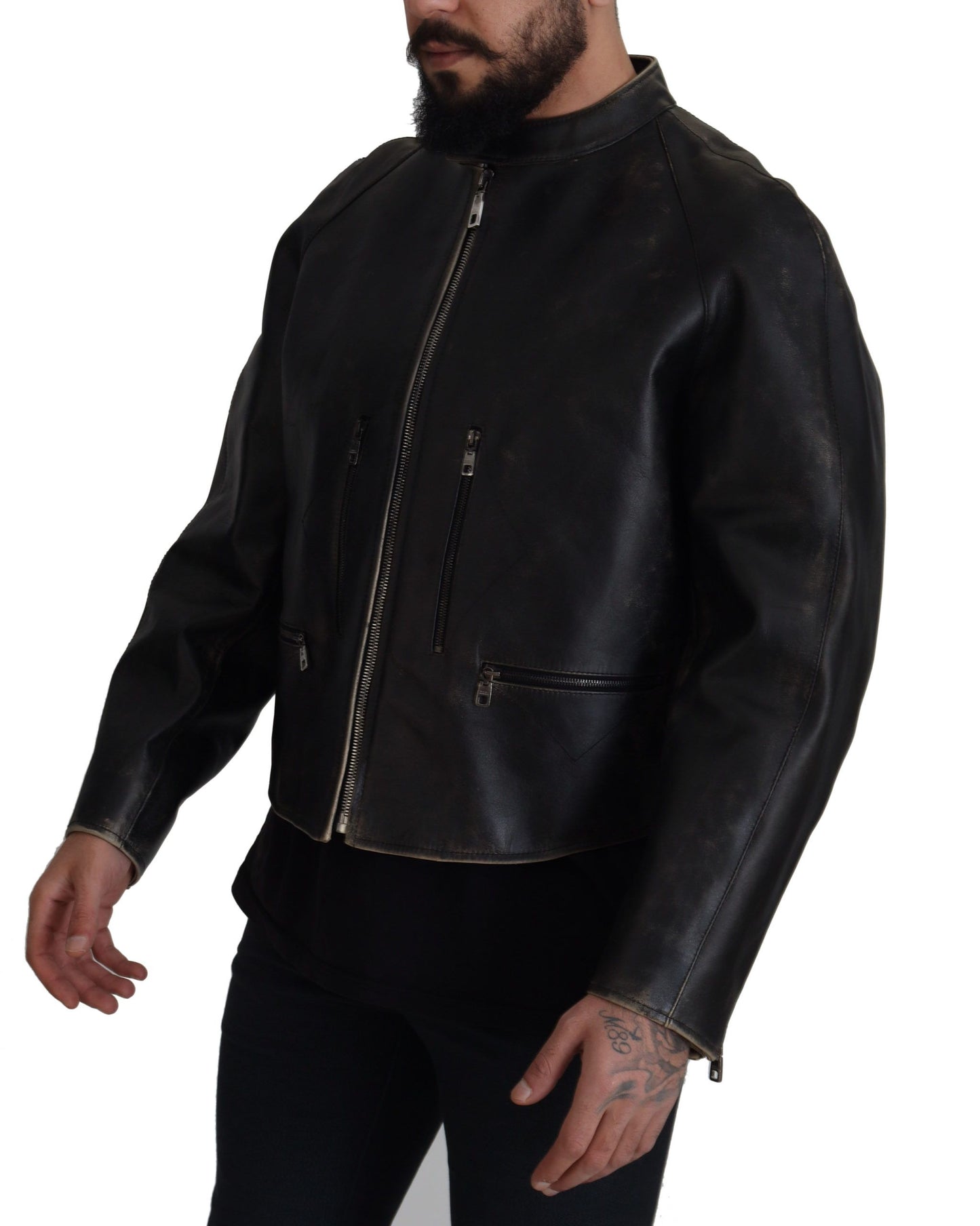 Dolce & Gabbana Black Leather Zipper Biker Coat Jacket Dolce & Gabbana