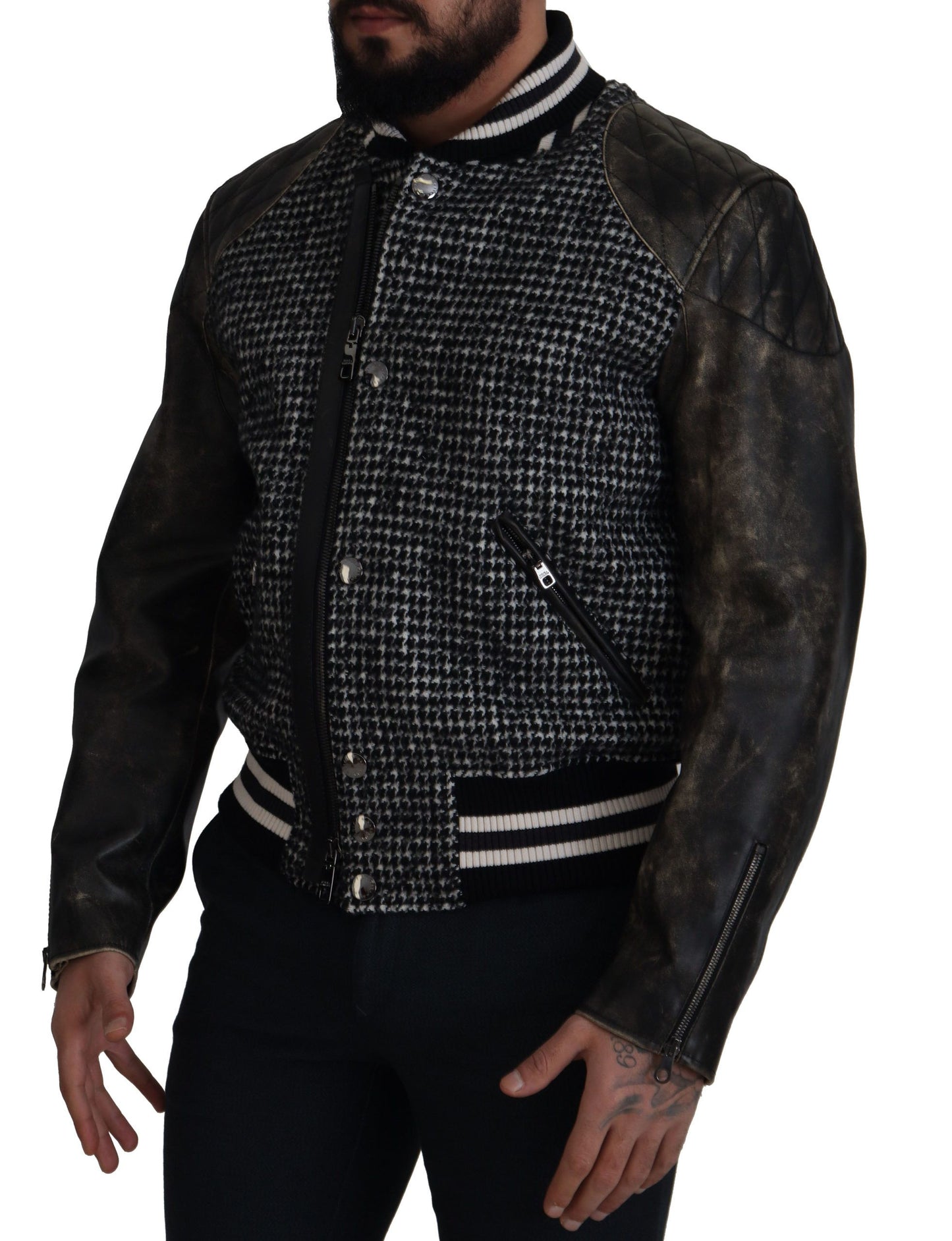 Dolce & Gabbana Black Houndstooth Polyester Bomber Jacket Dolce & Gabbana
