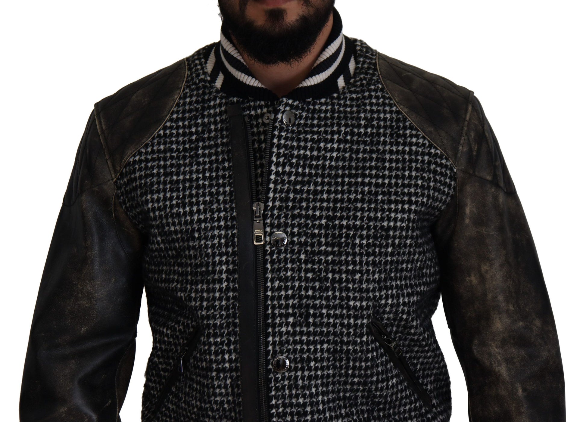 Dolce & Gabbana Black Houndstooth Polyester Bomber Jacket Dolce & Gabbana