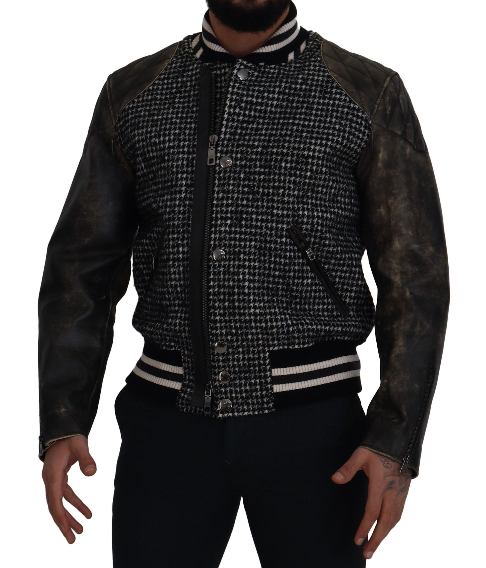 Dolce & Gabbana Black Houndstooth Polyester Bomber Jacket Dolce & Gabbana