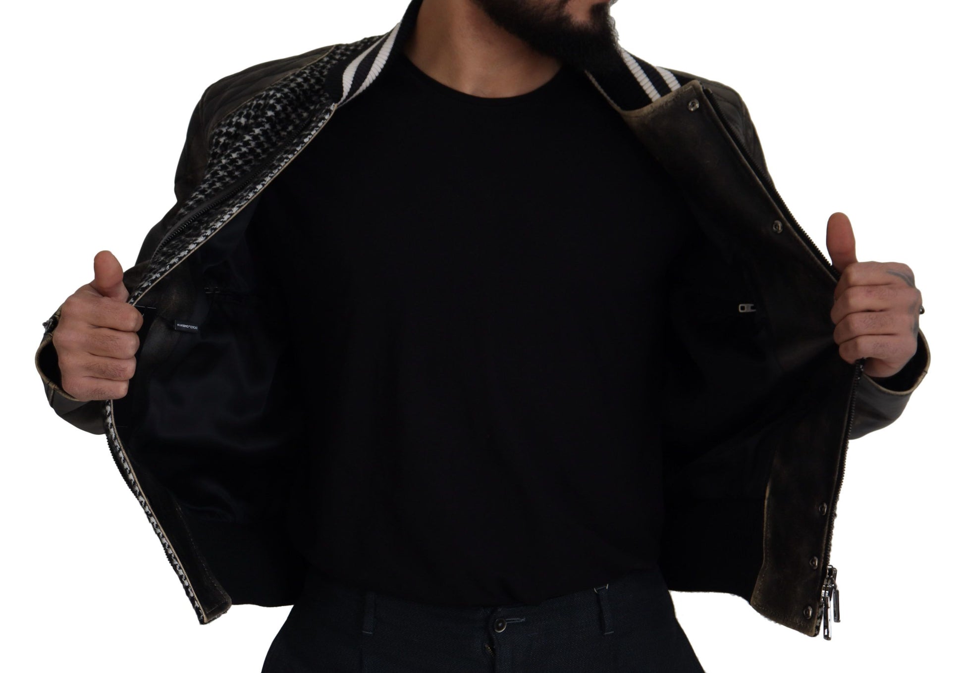 Dolce & Gabbana Black Houndstooth Polyester Bomber Jacket Dolce & Gabbana