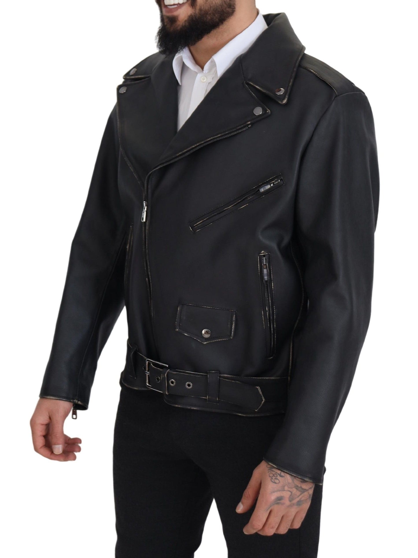 Dolce & Gabbana Black Leather Biker Coat Zipper Jacket Dolce & Gabbana