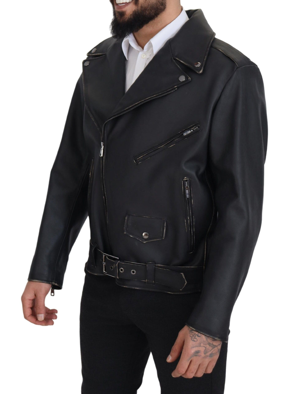 Dolce & Gabbana Black Leather Biker Coat Zipper Jacket - Eljoys Fashion 