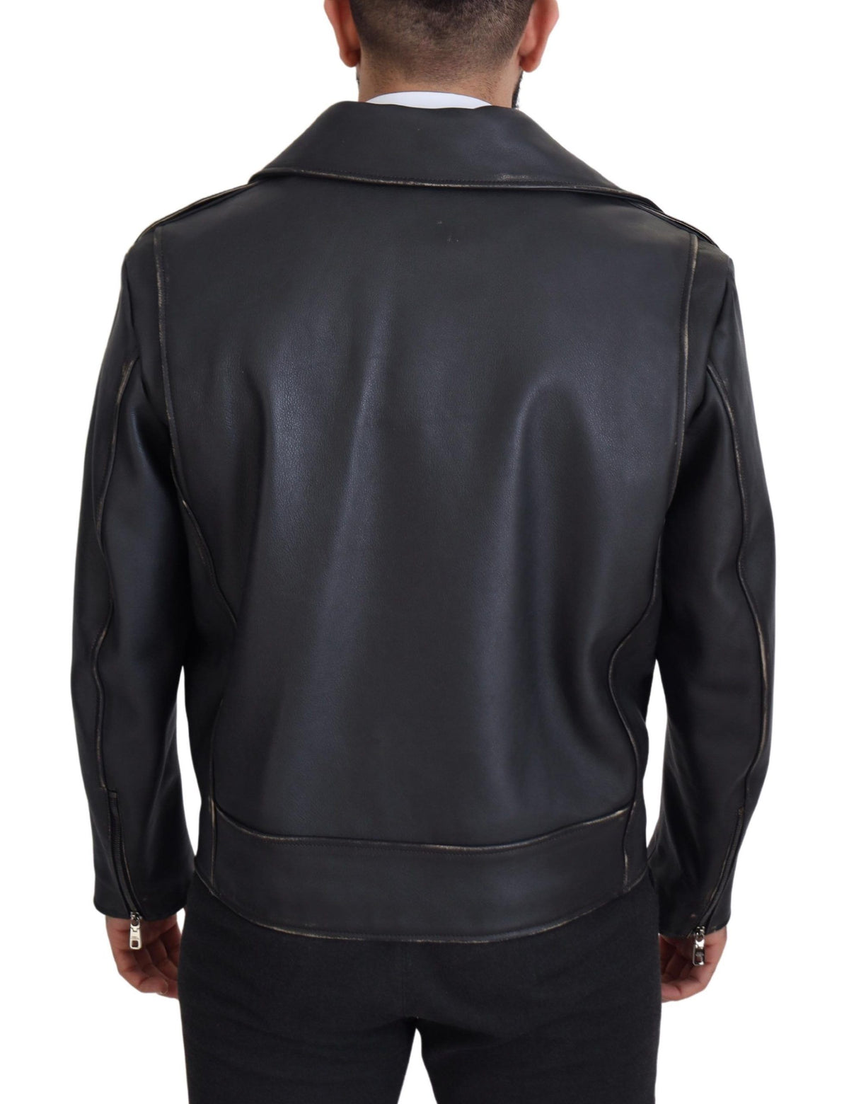 Dolce & Gabbana Black Leather Biker Coat Zipper Jacket - Eljoys Fashion 