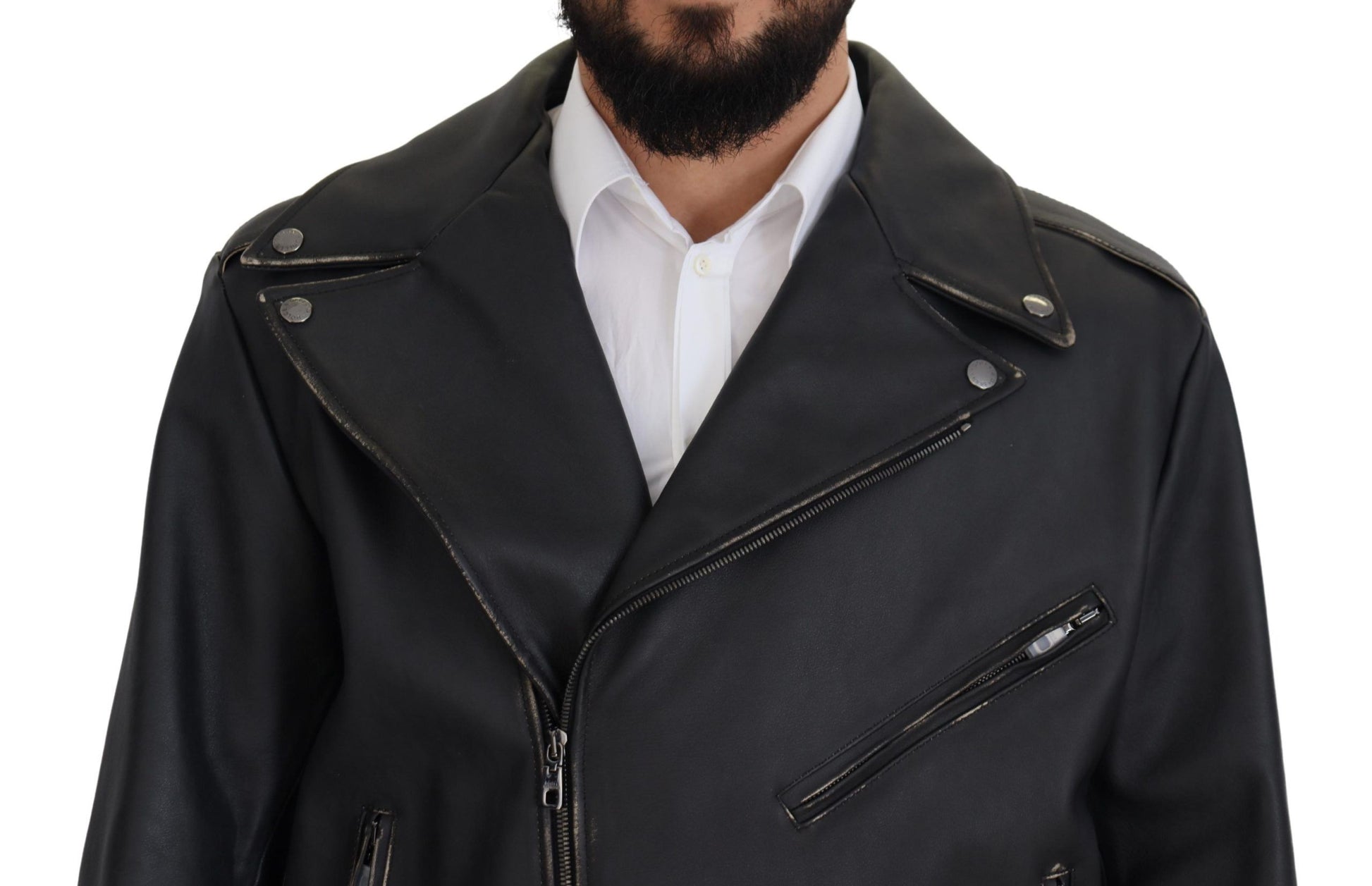 Dolce & Gabbana Black Leather Biker Coat Zipper Jacket Dolce & Gabbana
