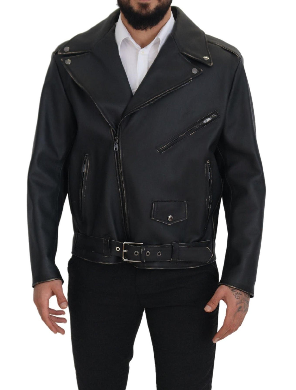 Dolce & Gabbana Black Leather Biker Coat Zipper Jacket - Eljoys Fashion 