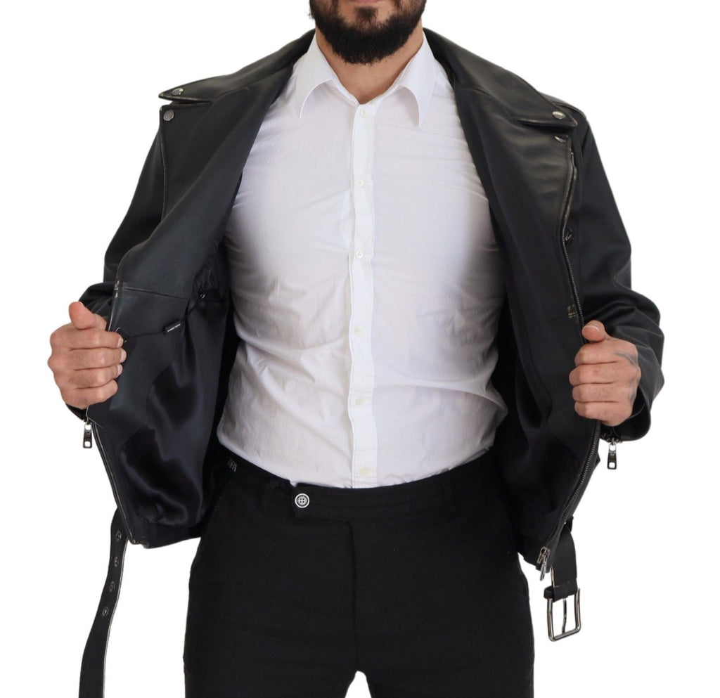 Dolce & Gabbana Black Leather Biker Coat Zipper Jacket - Eljoys Fashion 