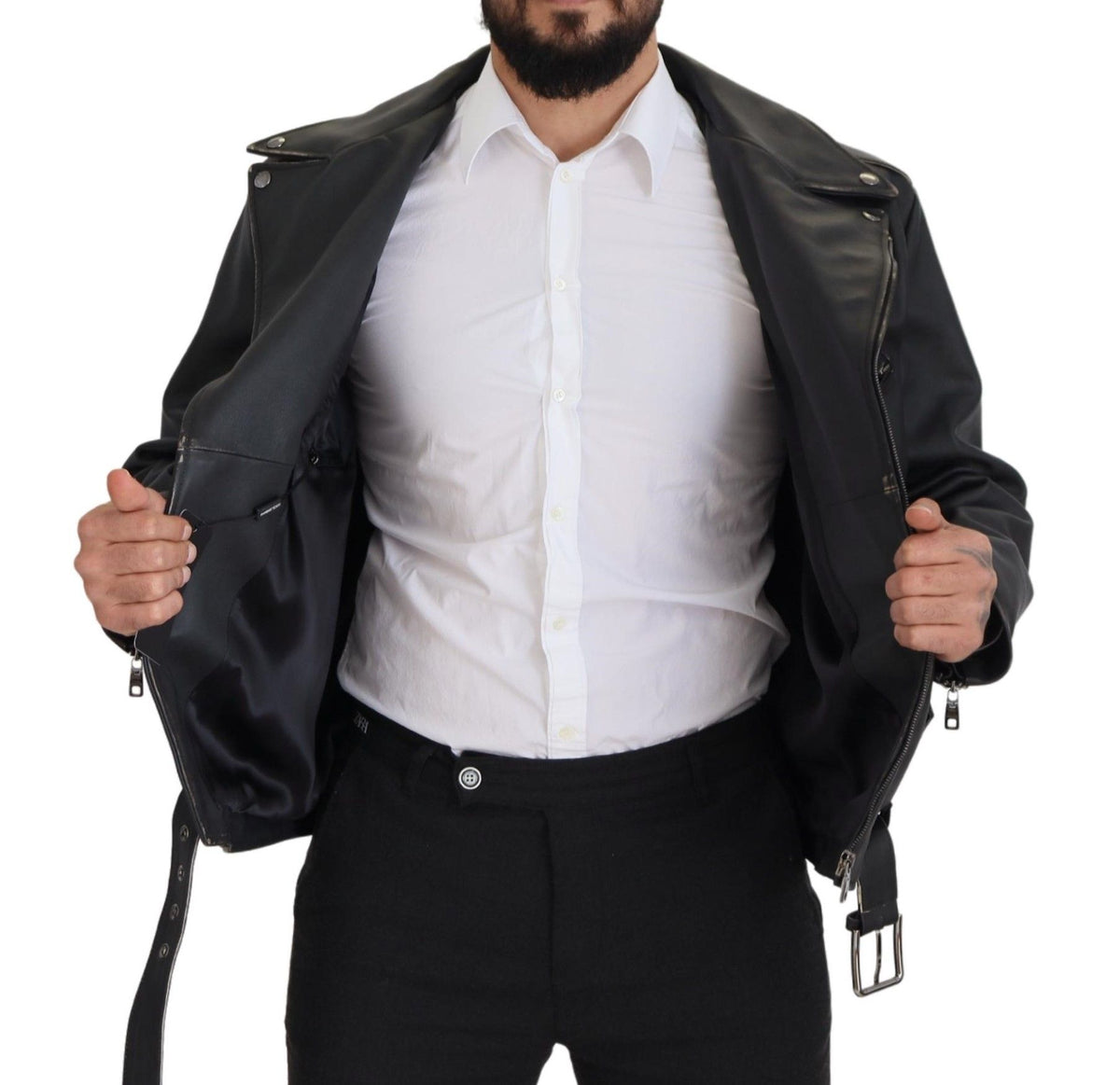 Dolce & Gabbana Black Leather Biker Coat Zipper Jacket - Eljoys Fashion 