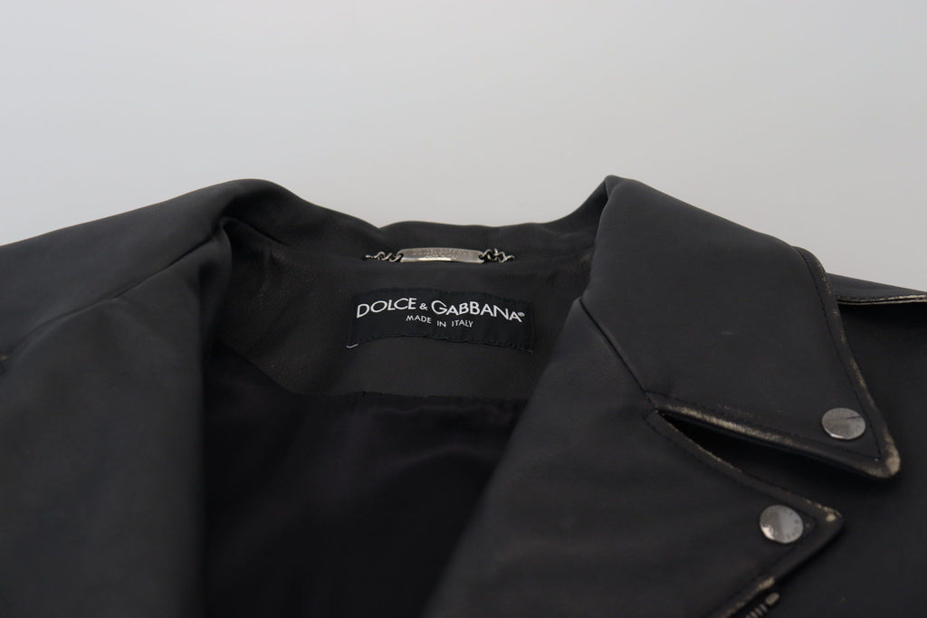 Dolce & Gabbana Black Leather Biker Coat Zipper Jacket - Eljoys Fashion 